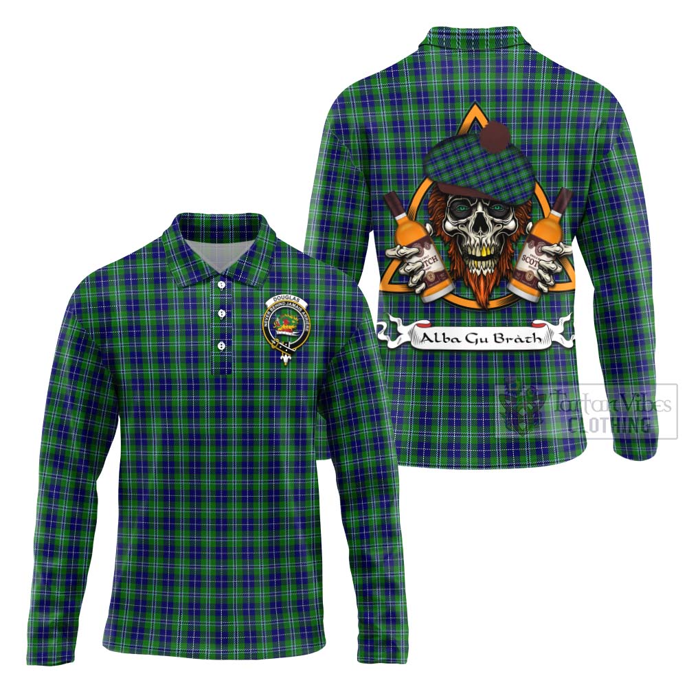 Tartan Vibes Clothing Douglas Tartan Long Sleeve Polo Shirt with Family Crest and Bearded Skull Holding Bottles of Whiskey