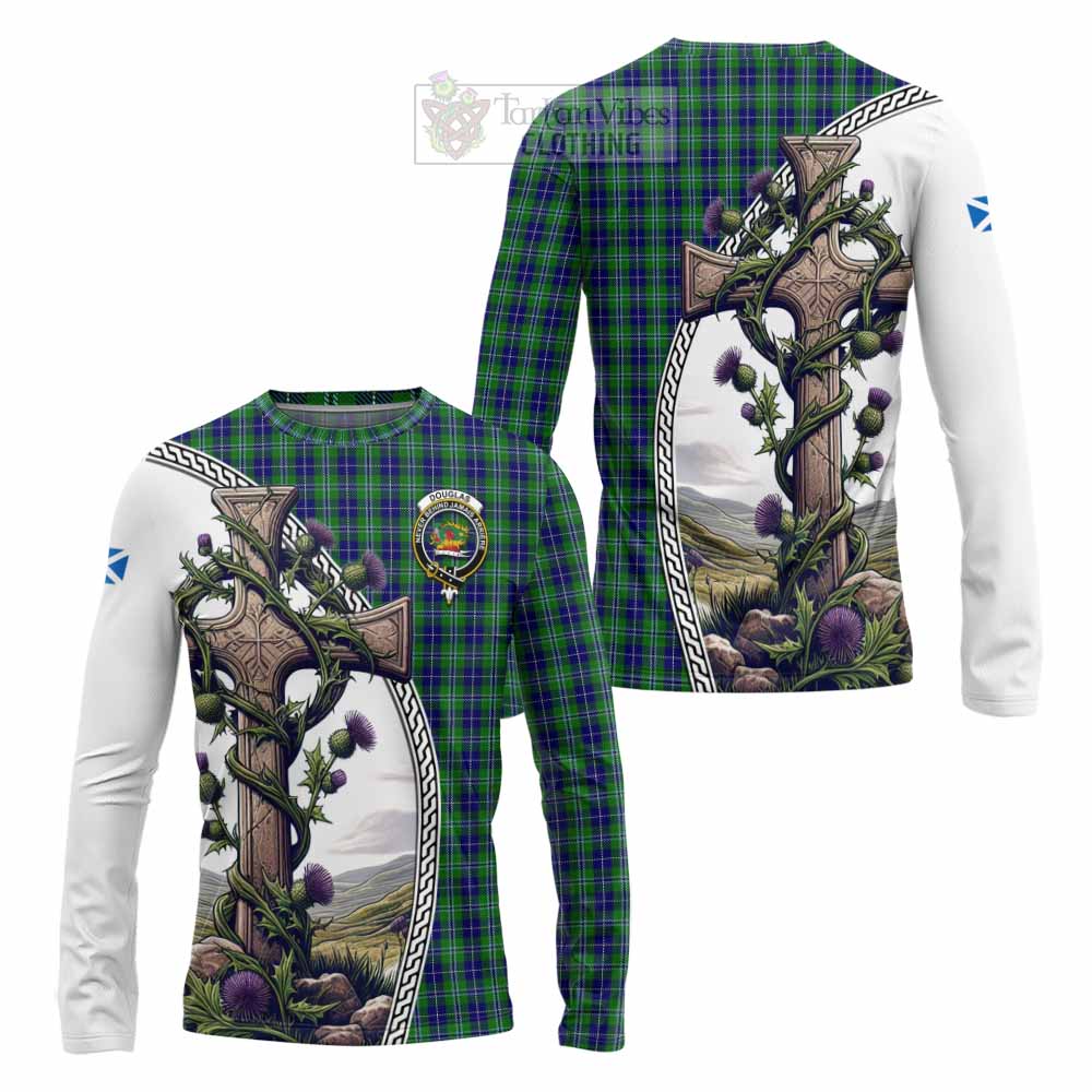 Tartan Vibes Clothing Douglas Tartan Long Sleeve T-Shirt with Family Crest and St. Andrew's Cross Accented by Thistle Vines