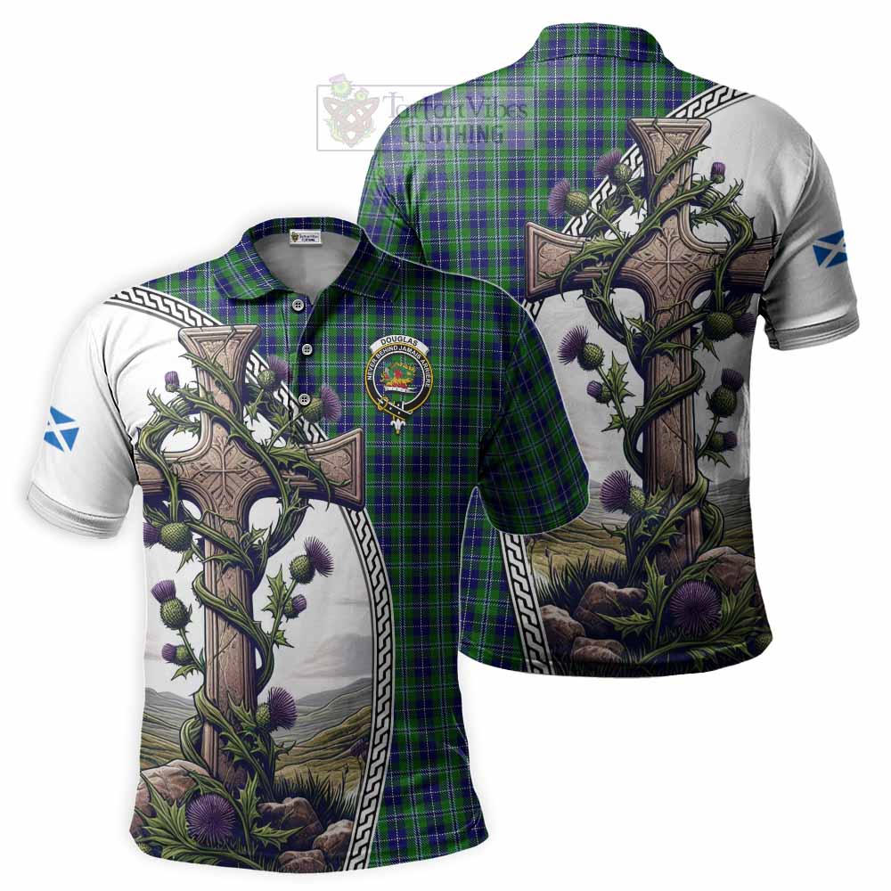 Tartan Vibes Clothing Douglas Tartan Polo Shirt with Family Crest and St. Andrew's Cross Accented by Thistle Vines