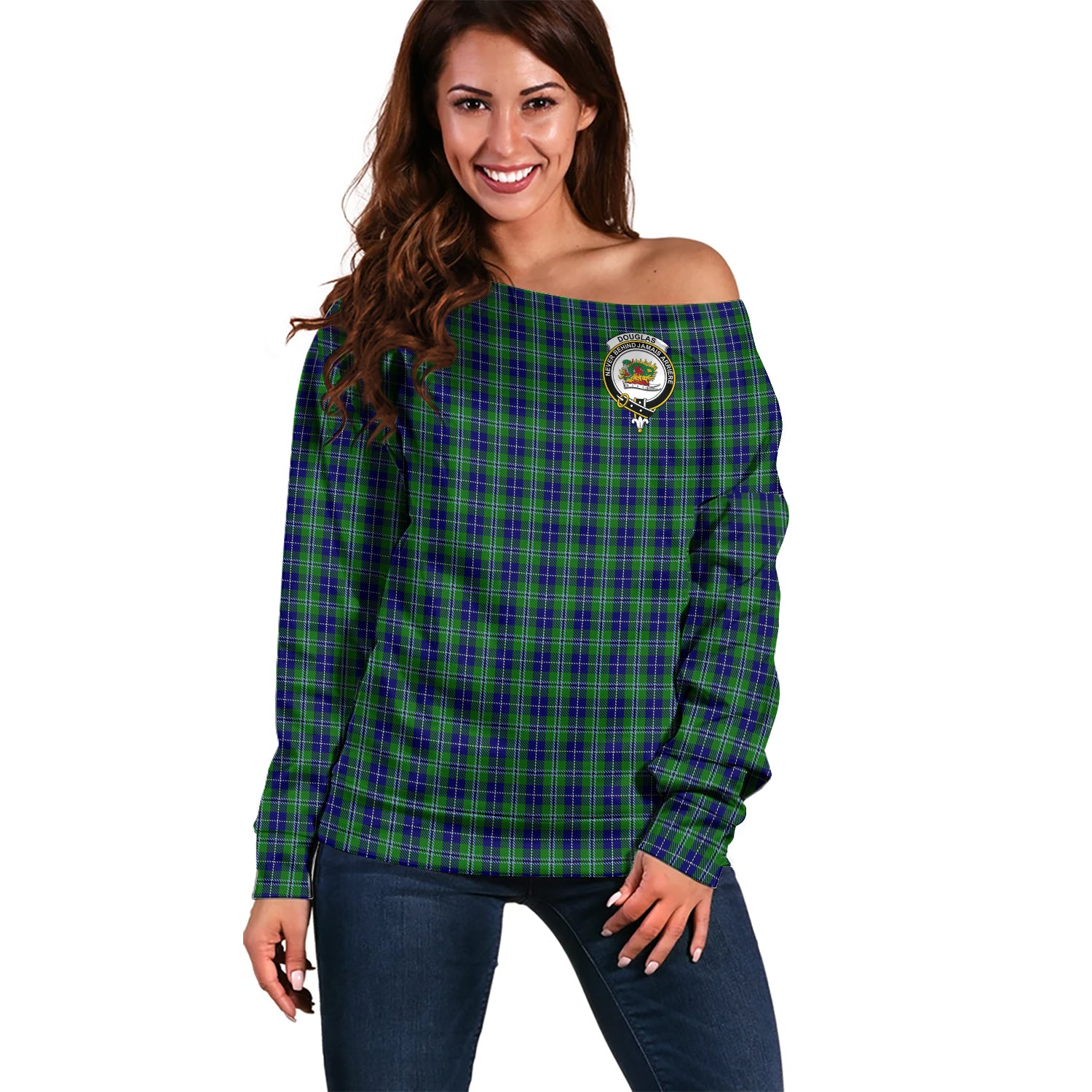 Douglas Tartan Off Shoulder Women Sweater with Family Crest Women - Tartanvibesclothing