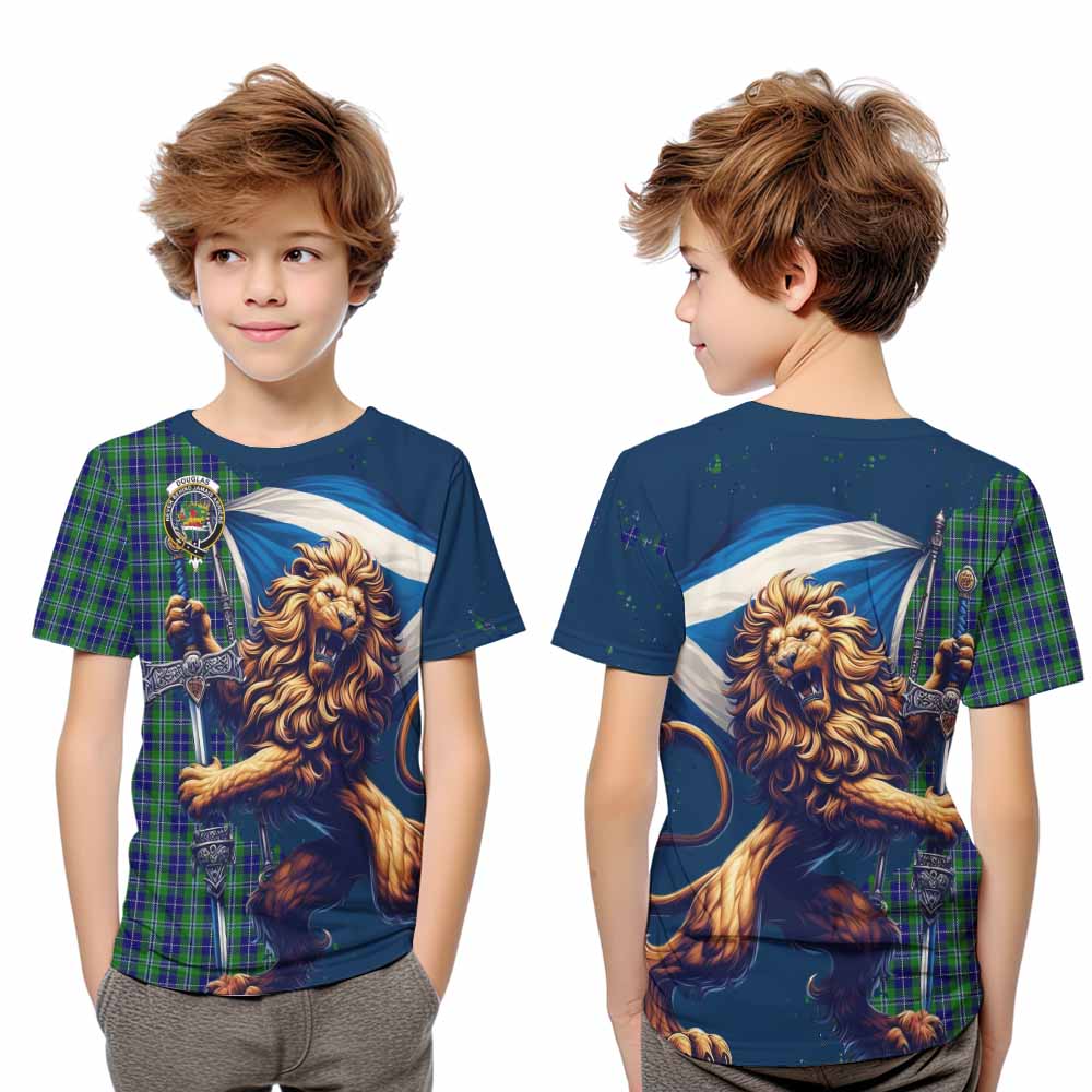 Tartan Vibes Clothing Douglas Tartan Family Crest Kid T-Shirt with Scottish Majestic Lion