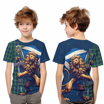 Douglas Tartan Family Crest Kid T-Shirt with Scottish Majestic Lion