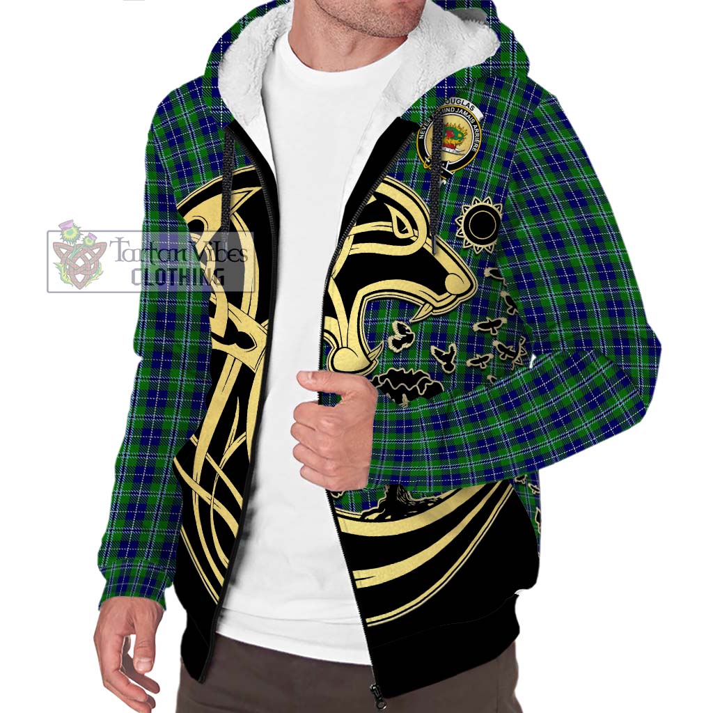 Douglas Tartan Sherpa Hoodie with Family Crest Celtic Wolf Style Unisex S - Tartan Vibes Clothing