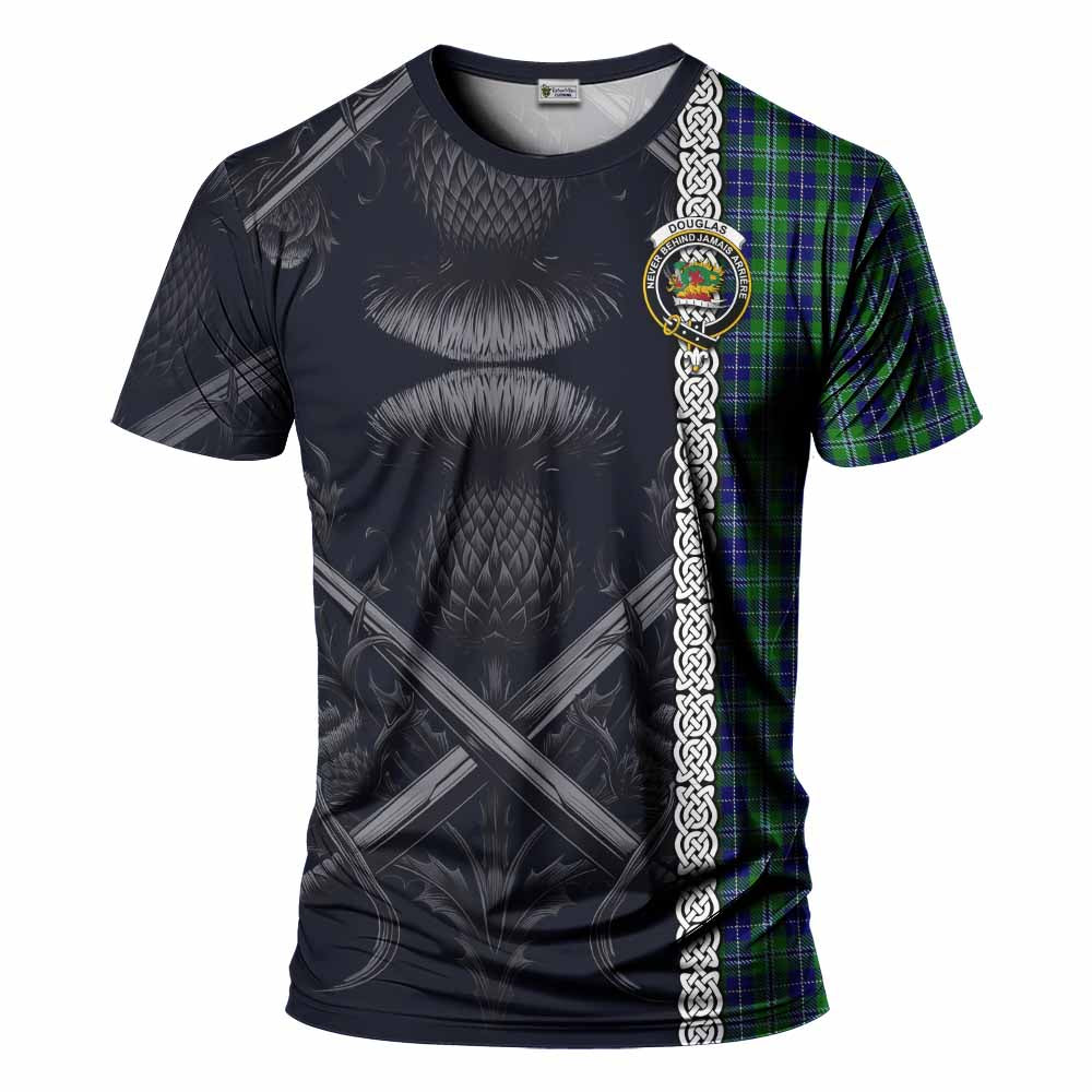 Tartan Vibes Clothing Douglas Tartan T-Shirt with Family Crest Cross Sword Thistle Celtic Vibes