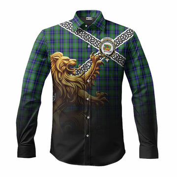 Douglas Crest Tartan Long Sleeve Button Shirt with Golden Lion Emblem Celtic Style Men's Shirt S - Tartan Vibes Clothing