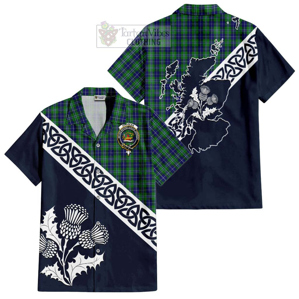 Tartan Vibes Clothing Douglas Tartan Short Sleeve Button Shirt Featuring Thistle and Scotland Map