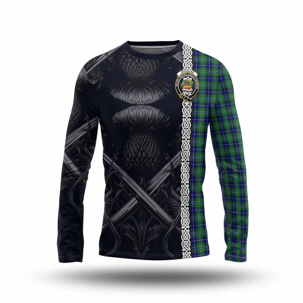 Tartan Vibes Clothing Douglas Tartan Long Sleeve T-Shirt with Family Crest Cross Sword Thistle Celtic Vibes