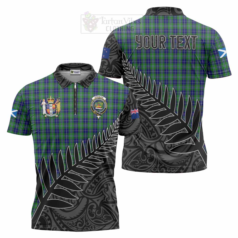 Tartan Vibes Clothing Douglas Crest Tartan Zipper Polo Shirt with New Zealand Silver Fern Half Style