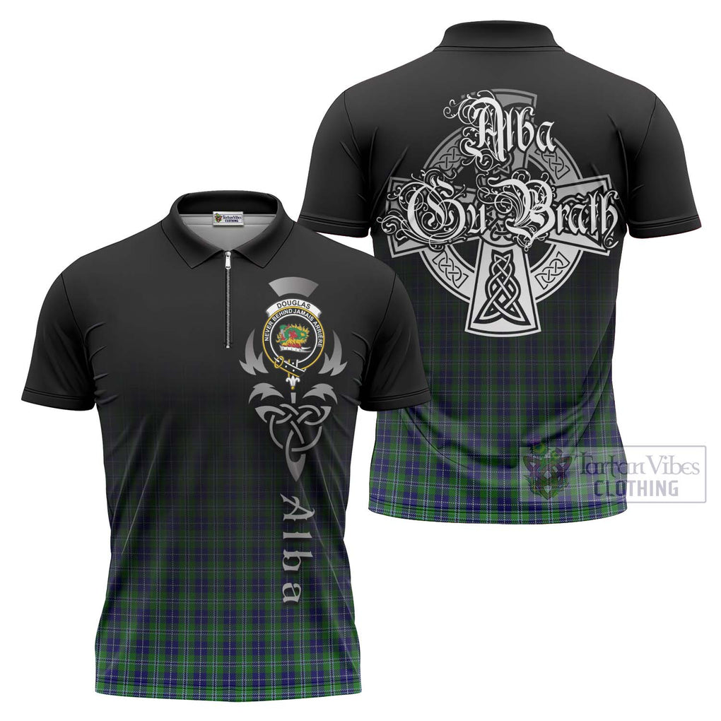 Tartan Vibes Clothing Douglas Tartan Zipper Polo Shirt Featuring Alba Gu Brath Family Crest Celtic Inspired