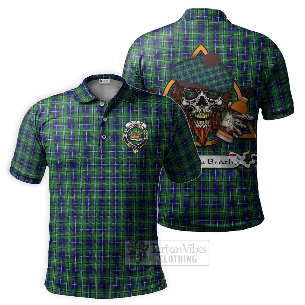 Tartan Vibes Clothing Douglas Tartan Polo Shirt with Family Crest and Bearded Skull Holding Bottles of Whiskey