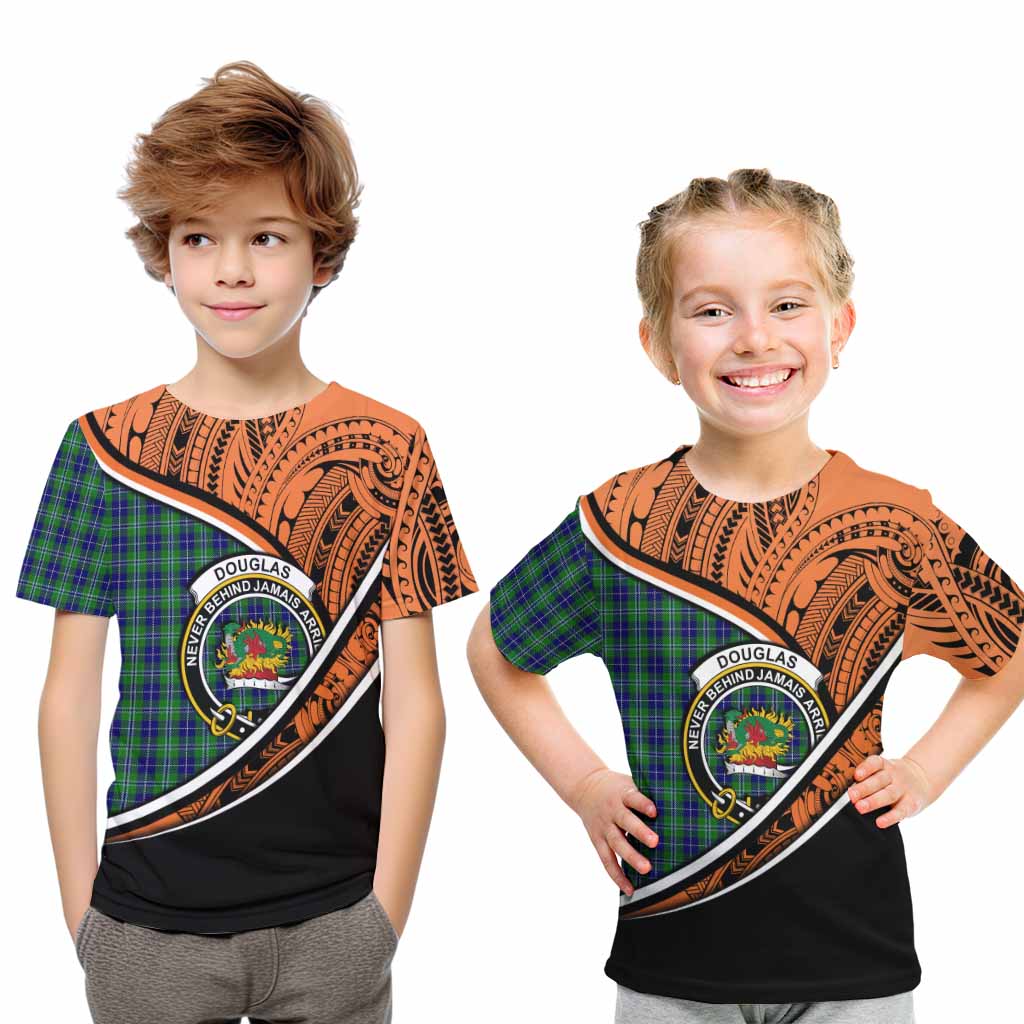 Tartan Vibes Clothing Douglas Crest Tartan Kid T-Shirt with Maori Tattoo Style - Orange Version