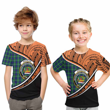 Douglas Crest Tartan Kid T-Shirt with Polynesian Vibes Style - Orange Version