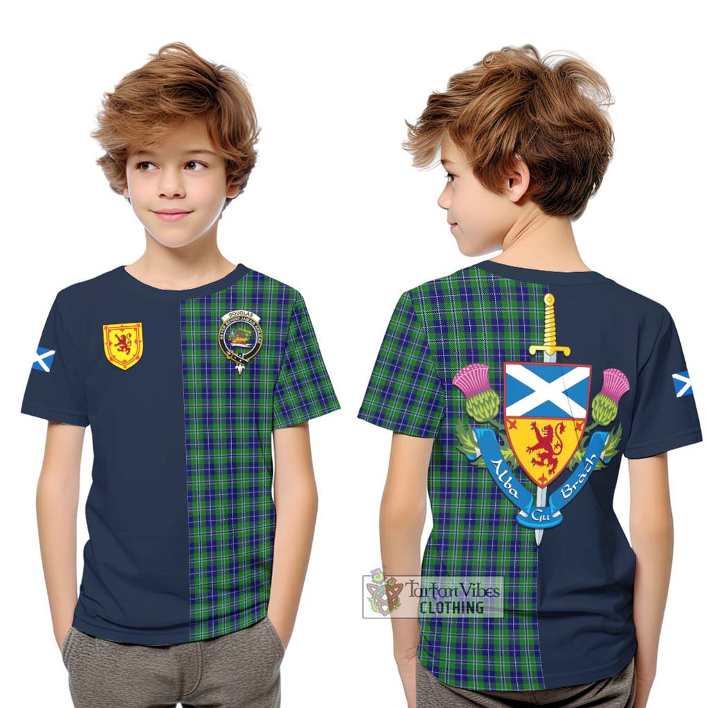 Tartan Vibes Clothing Douglas Tartan Kid T-Shirt with Scottish Lion Royal Arm Half Style