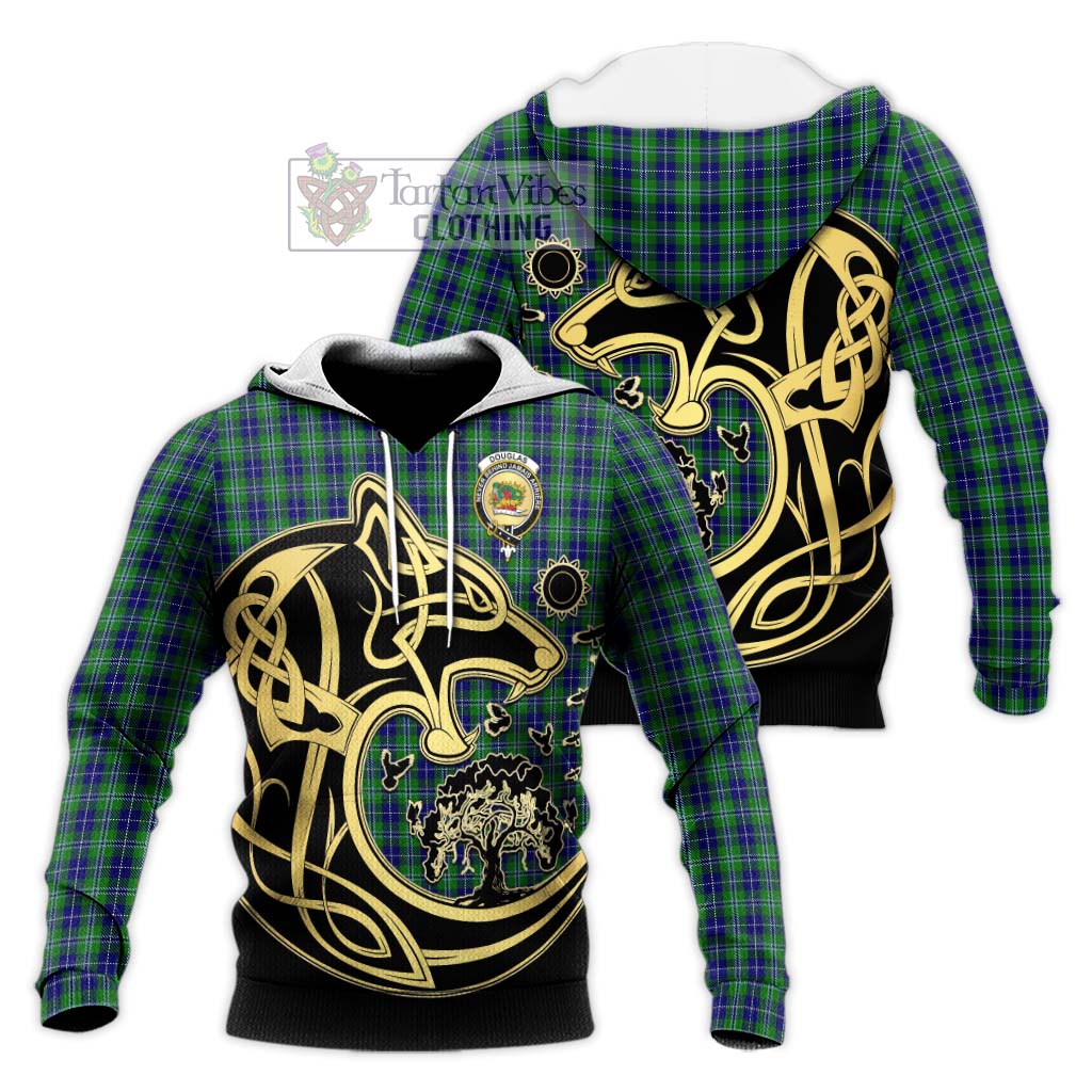 Douglas Tartan Knitted Hoodie with Family Crest Celtic Wolf Style Unisex Knitted Pullover Hoodie - Tartan Vibes Clothing