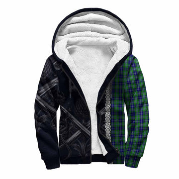 Douglas Tartan Sherpa Hoodie with Family Crest Cross Sword Thistle Celtic Vibes