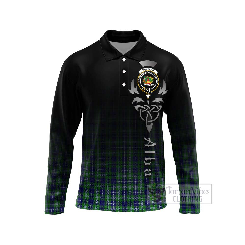 Tartan Vibes Clothing Douglas Tartan Long Sleeve Polo Shirt Featuring Alba Gu Brath Family Crest Celtic Inspired