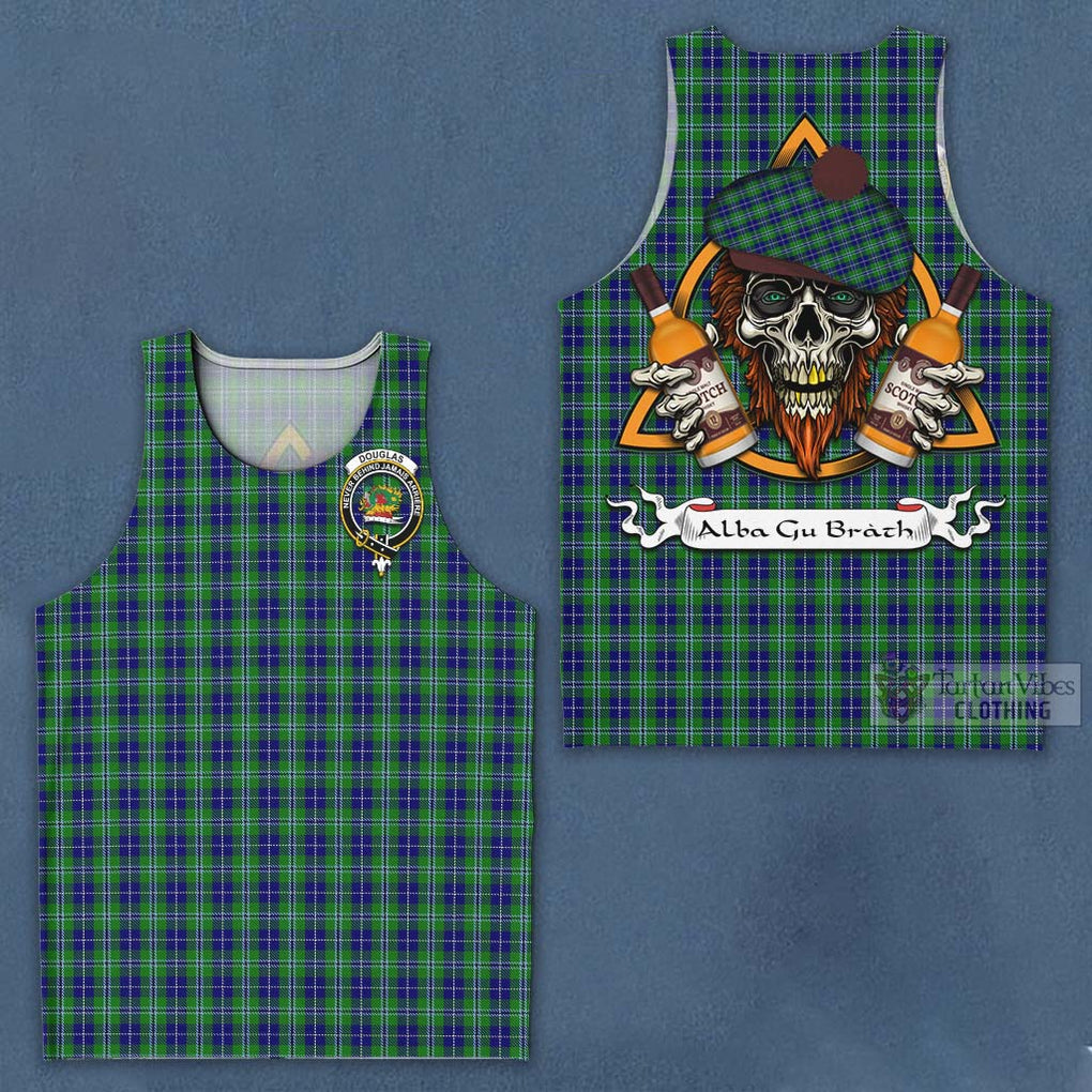 Tartan Vibes Clothing Douglas Tartan Men's Tank Top with Family Crest and Bearded Skull Holding Bottles of Whiskey