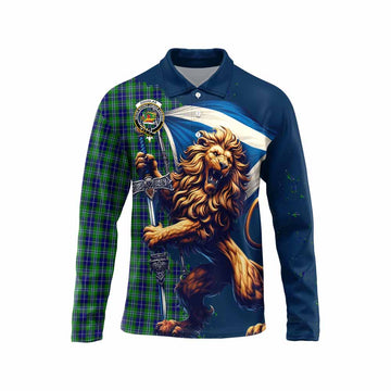 Douglas Tartan Family Crest Long Sleeve Polo Shirt with Scottish Majestic Lion