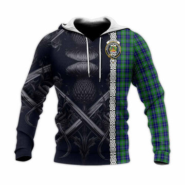 Douglas Tartan Knitted Hoodie with Family Crest Cross Sword Thistle Celtic Vibes