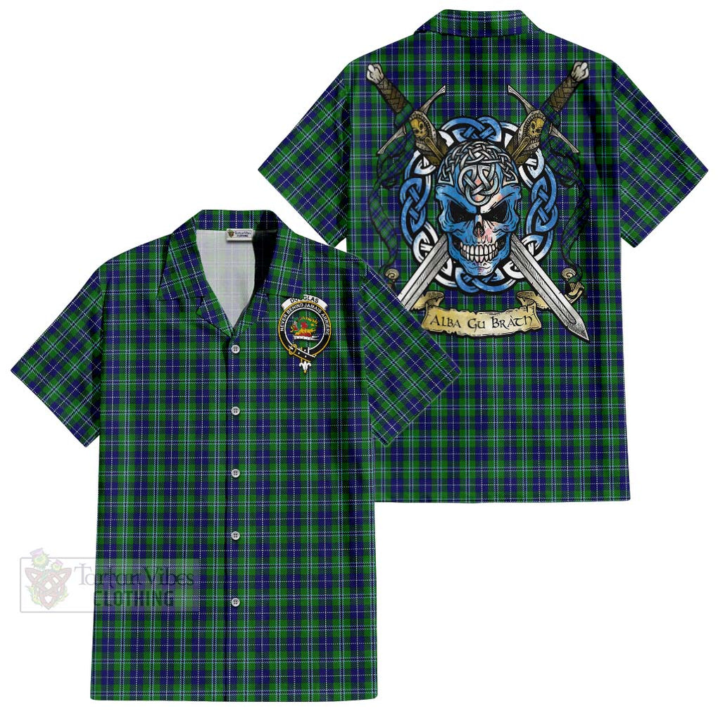 Tartan Vibes Clothing Douglas Tartan Short Sleeve Button Shirt with Family Crest Celtic Skull Style