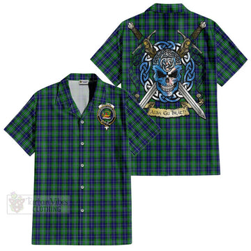 Douglas Tartan Short Sleeve Button Shirt with Family Crest Celtic Skull Style