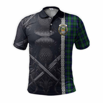 Douglas Tartan Polo Shirt with Family Crest Cross Sword Thistle Celtic Vibes