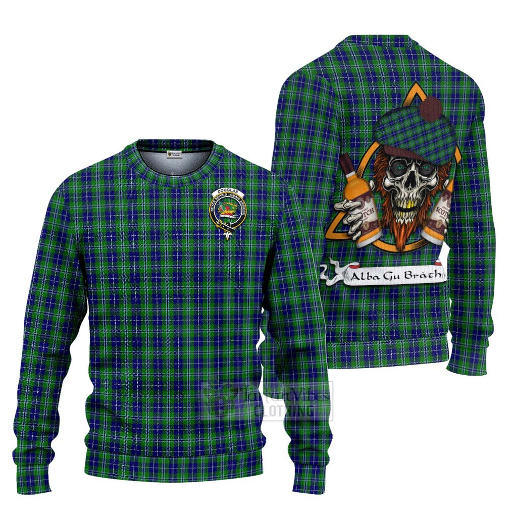 Tartan Vibes Clothing Douglas Tartan Knitted Sweater with Family Crest and Bearded Skull Holding Bottles of Whiskey