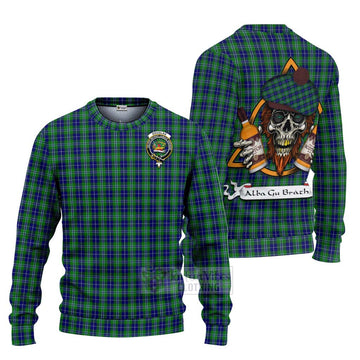 Douglas Tartan Ugly Sweater with Family Crest and Bearded Skull Holding Bottles of Whiskey