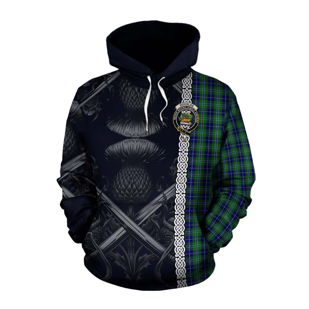 Douglas Tartan Cotton Hoodie with Family Crest Cross Sword Thistle Celtic Vibes Pullover Hoodie XS - Tartan Vibes Clothing