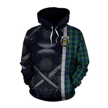 Douglas Tartan Cotton Hoodie with Family Crest Cross Sword Thistle Celtic Vibes