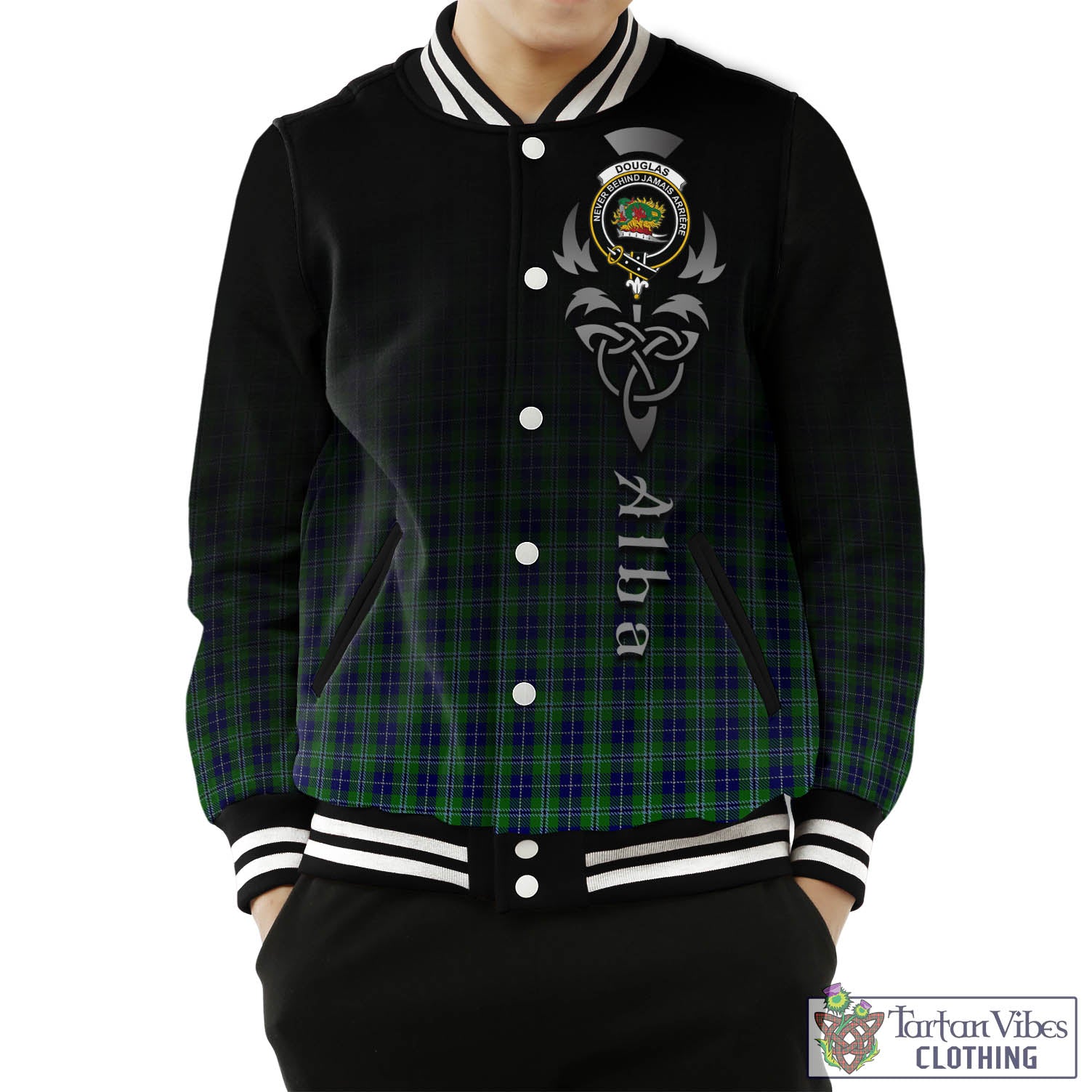 Tartan Vibes Clothing Douglas Tartan Baseball Jacket Featuring Alba Gu Brath Family Crest Celtic Inspired