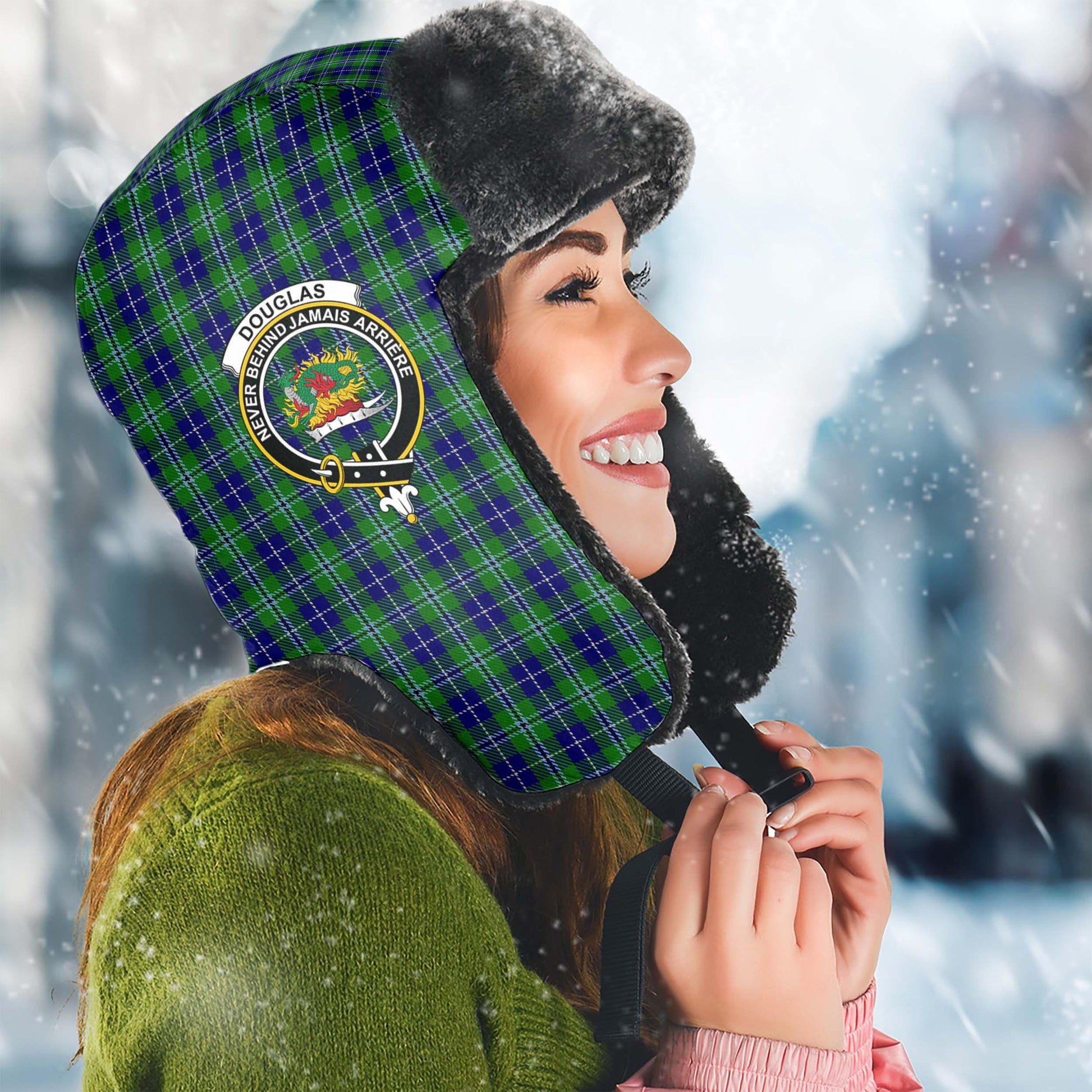 Douglas Tartan Winter Trapper Hat with Family Crest Winter Trapper Hat Universal Fit Circumference 22.8in (58cm) - Tartanvibesclothing