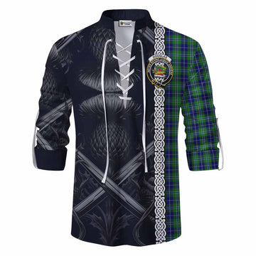 Douglas Tartan Ghillie Kilt Shirt with Family Crest Cross Sword Thistle Celtic Vibes