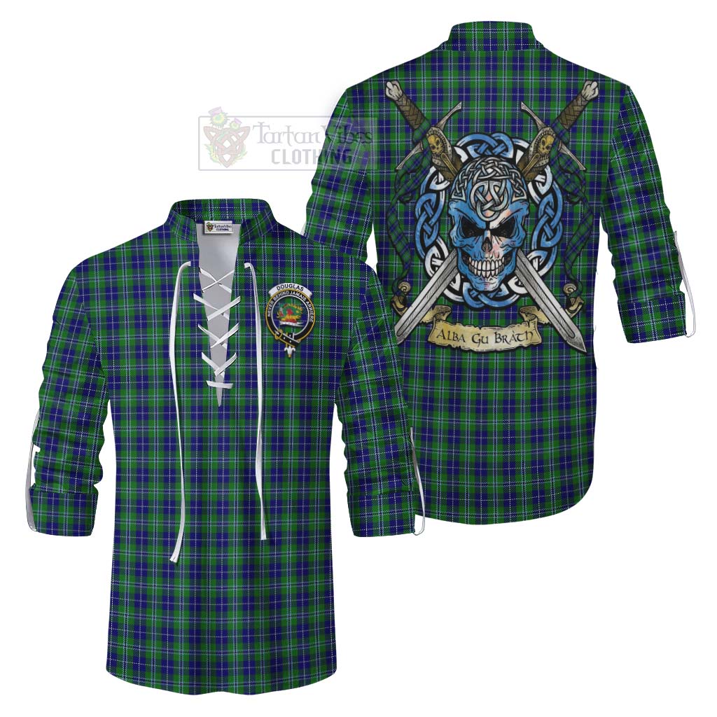 Tartan Vibes Clothing Douglas Tartan Ghillie Kilt Shirt with Family Crest Celtic Skull Style