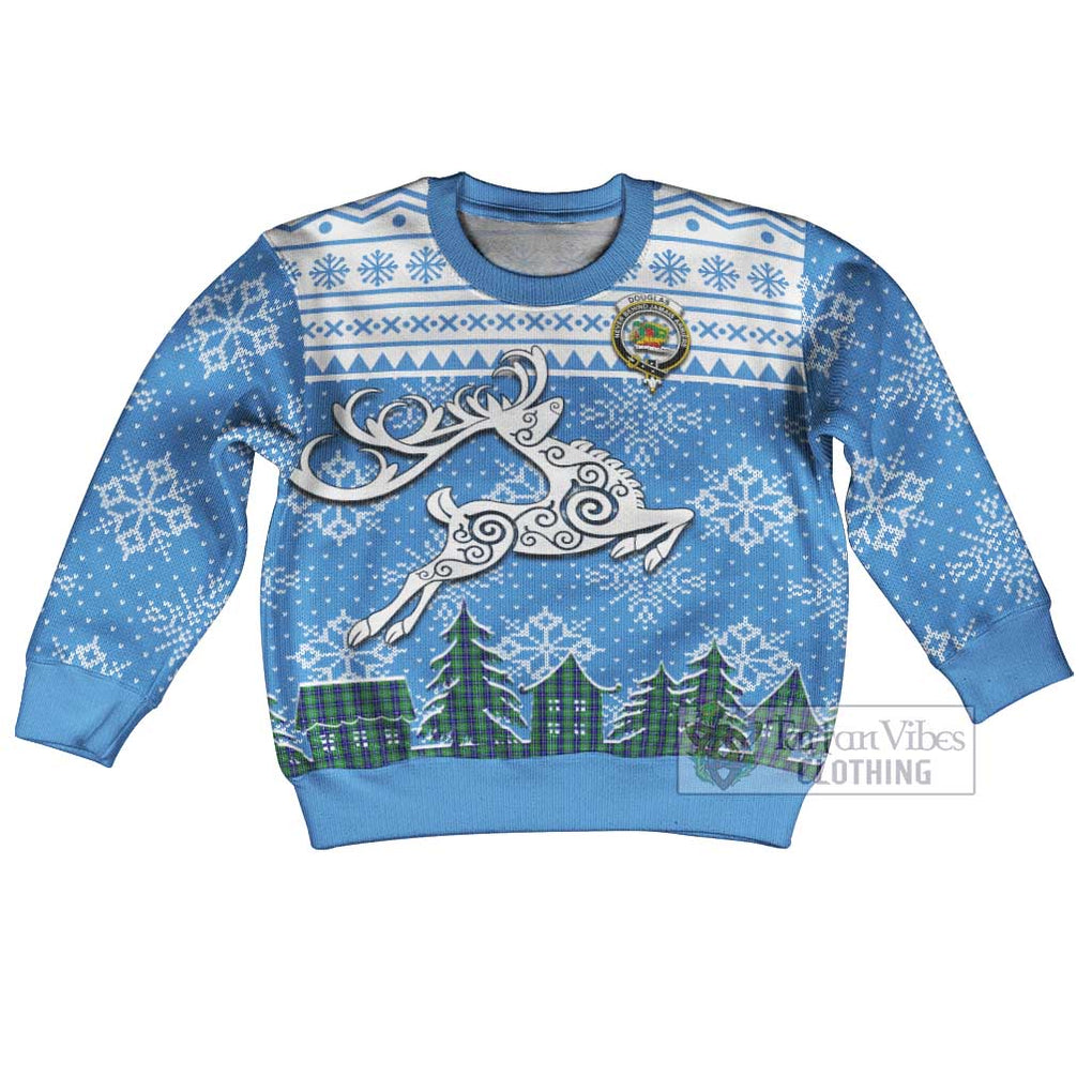 Tartan Vibes Clothing Douglas Clan Christmas Kid Ugly Sweater with Tartan and Celtic Raindeer Style