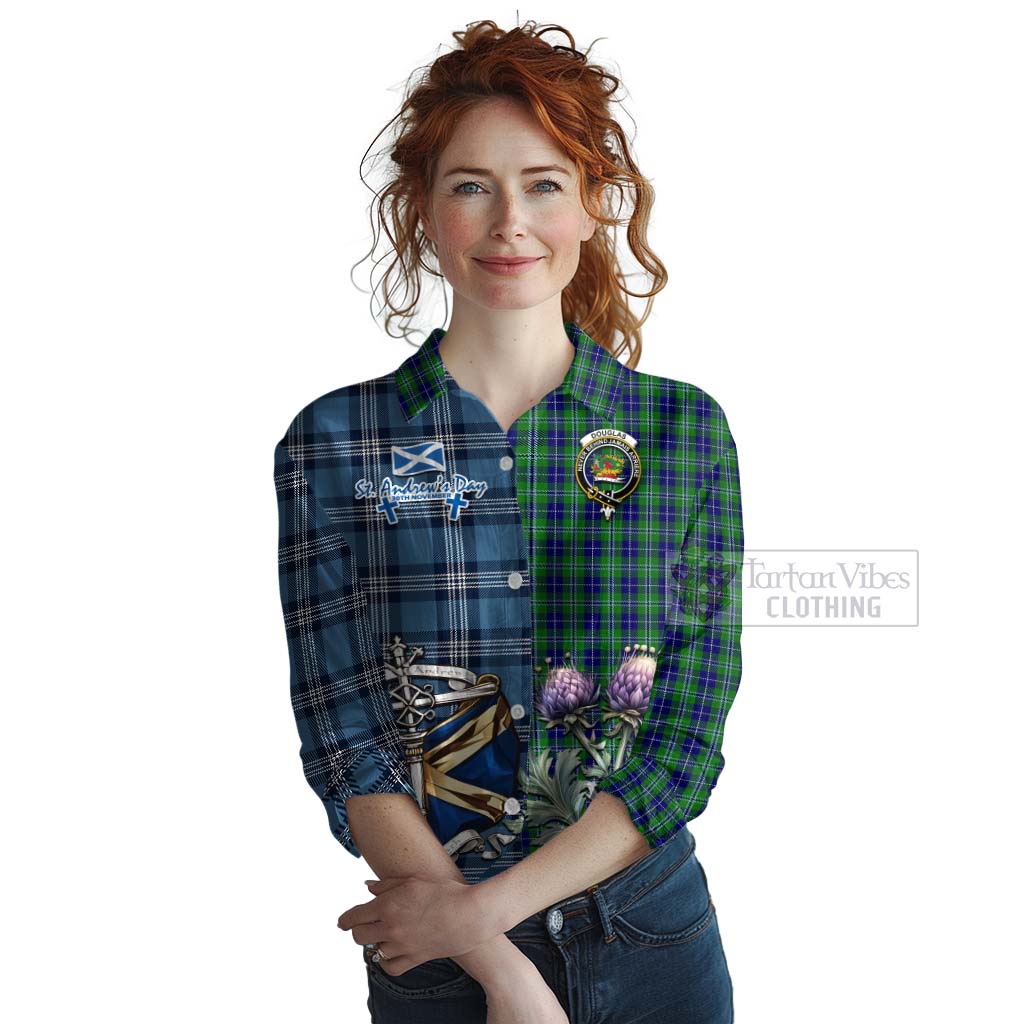 Tartan Vibes Clothing Douglas Tartan Women's Casual Shirt Happy St. Andrew's Day Half Tartan Style