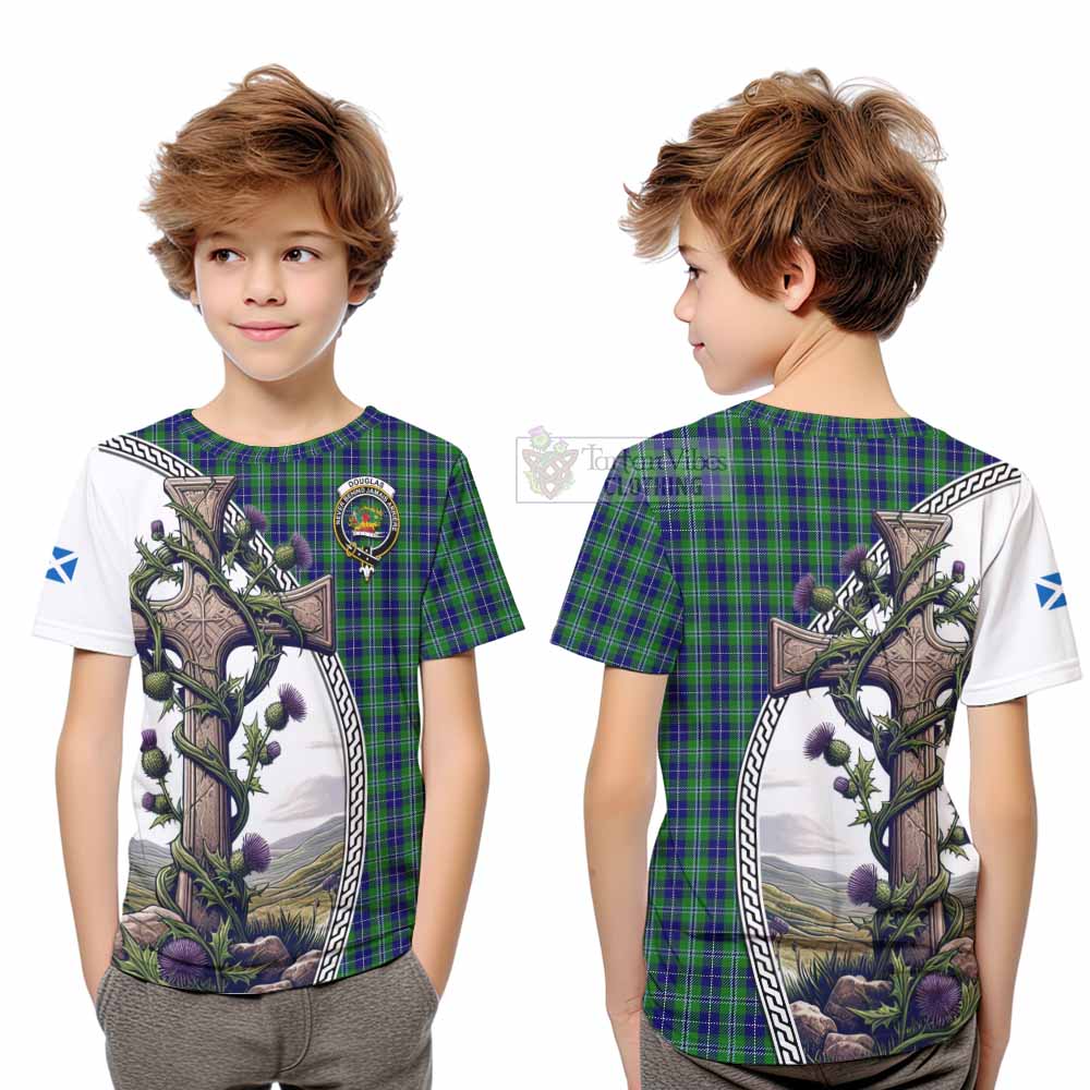 Tartan Vibes Clothing Douglas Tartan Kid T-Shirt with Family Crest and St. Andrew's Cross Accented by Thistle Vines