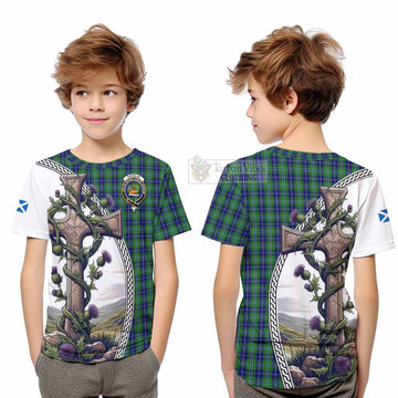 Douglas Tartan Kid T-Shirt with Family Crest and St. Andrew's Cross Accented by Thistle Vines