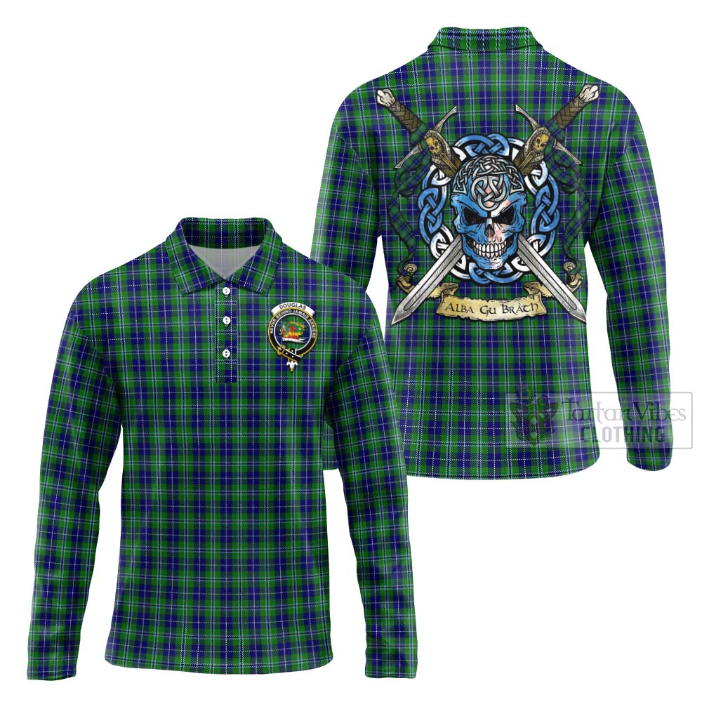 Tartan Vibes Clothing Douglas Tartan Long Sleeve Polo Shirt with Family Crest Celtic Skull Style