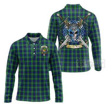 Douglas Tartan Long Sleeve Polo Shirt with Family Crest Celtic Skull Style