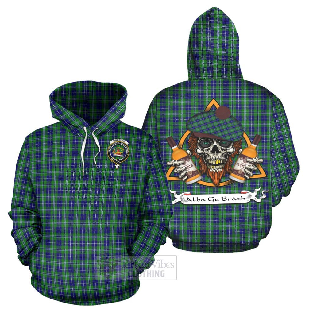 Tartan Vibes Clothing Douglas Tartan Hoodie with Family Crest and Bearded Skull Holding Bottles of Whiskey