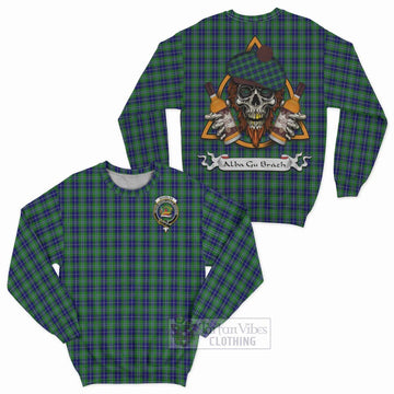 Douglas Tartan Sweatshirt with Family Crest and Bearded Skull Holding Bottles of Whiskey