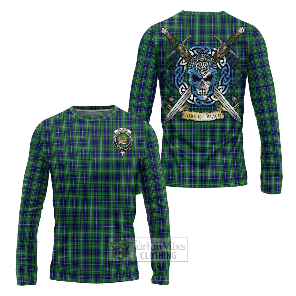 Tartan Vibes Clothing Douglas Tartan Long Sleeve T-Shirt with Family Crest Celtic Skull Style