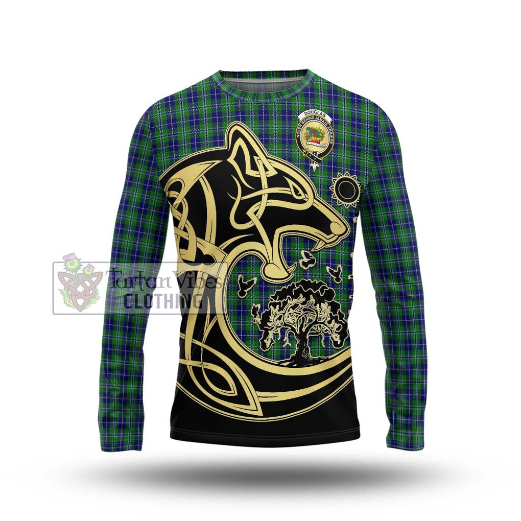 Douglas Tartan Long Sleeve T-Shirt with Family Crest Celtic Wolf Style Unisex - Tartan Vibes Clothing