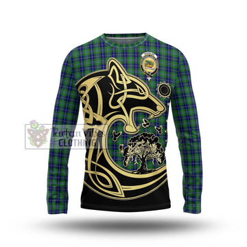 Douglas Tartan Long Sleeve T-Shirt with Family Crest Celtic Wolf Style