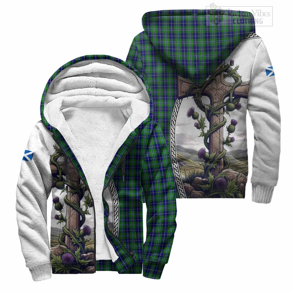 Tartan Vibes Clothing Douglas Tartan Sherpa Hoodie with Family Crest and St. Andrew's Cross Accented by Thistle Vines