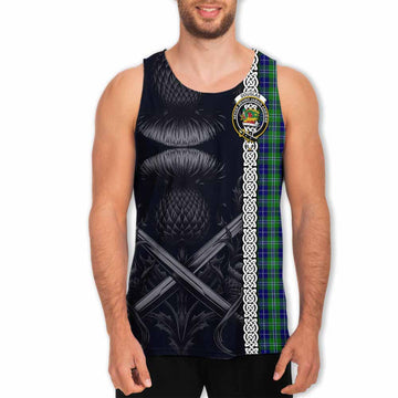 Douglas Tartan Men's Tank Top with Family Crest Cross Sword Thistle Celtic Vibes