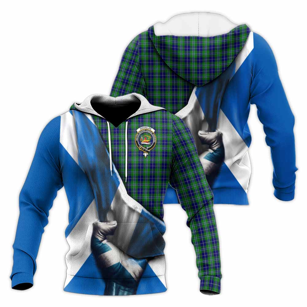 Tartan Vibes Clothing Douglas Tartan Knitted Hoodie with Family Crest Scotland Patriotic Style