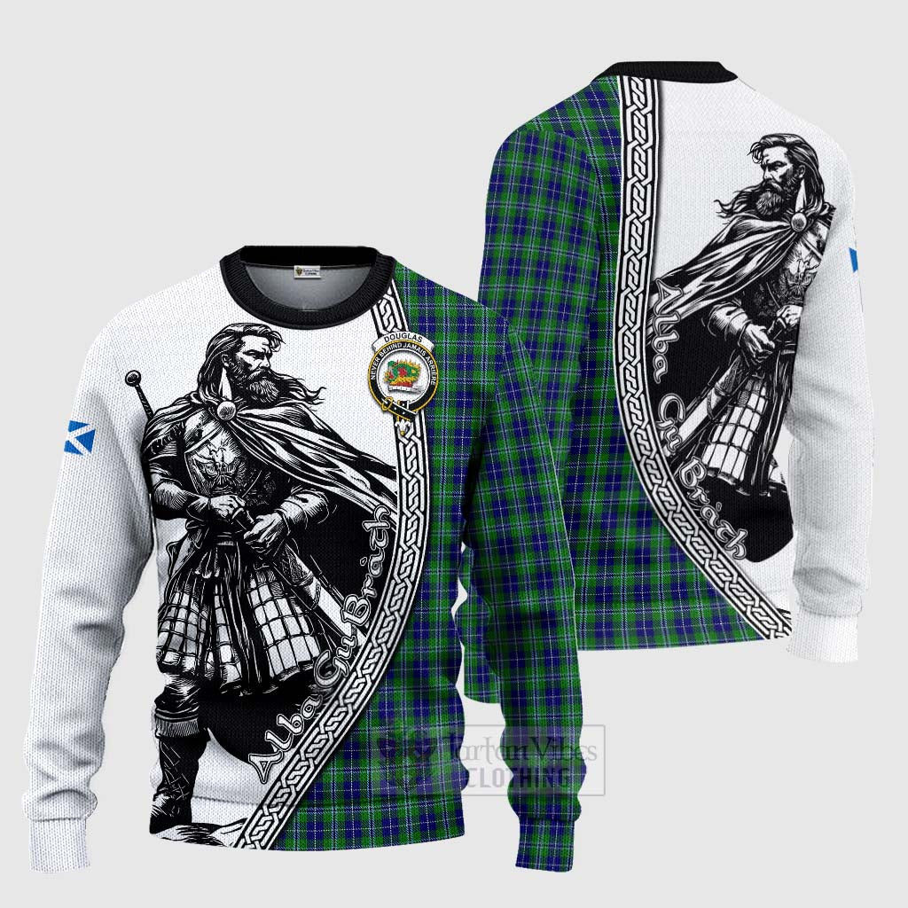 Tartan Vibes Clothing Douglas Tartan Clan Crest Knitted Sweater with Highlander Warrior Celtic Style