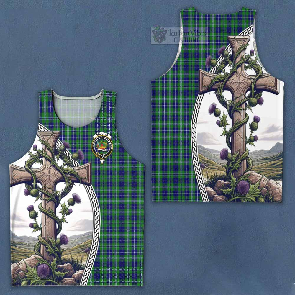 Tartan Vibes Clothing Douglas Tartan Men's Tank Top with Family Crest and St. Andrew's Cross Accented by Thistle Vines